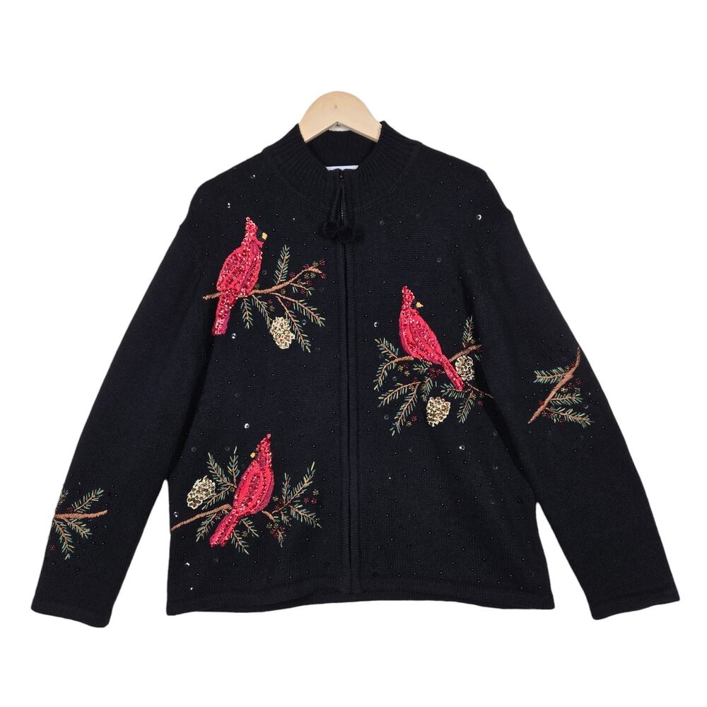 Vintage Christmas Cardinal Sweater Cardigan L Black Beaded Sequin Embr Holiday